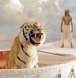 A tiger baring its teeth stands on a lifeboat, while a young man in white pants and a headscarf stands in the background under a cloudy sky.