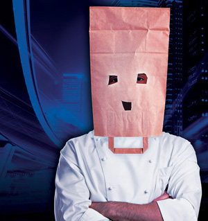 A person wearing a white chefs coat and crossing their arms has a brown paper bag with cut-out holes for eyes and a mouth over their head. The background features a cityscape with neon blue lighting effects.