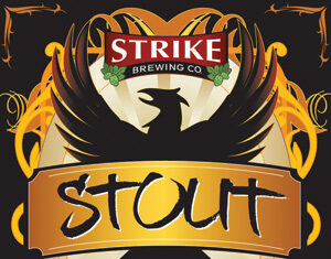 A beer label features a black, stylized phoenix with outstretched wings, a gold banner reading “Stout,” and “Strike Brewing Co” at the top. Golden barley and ornate designs decorate the black background.