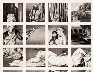 A grid of sixteen vintage-style illustrations, including portraits, a reclining nude woman, a flute player, an architectural courtyard, nature scenes, and still life objects like a hookah and fruit, all in sepia tones.
