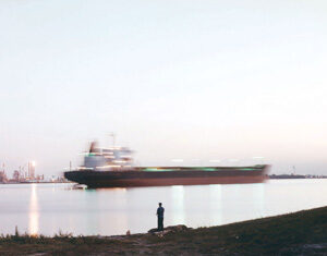 A person stands on a grassy shore, watching a large cargo ship pass by on the water at dusk. The ship appears blurry due to its motion, with city lights visible in the hazy background.