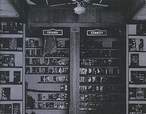 Cover of the book Videoland: Movie Culture at the American Video Store by Daniel Herbert, featuring a black-and-white photo of a video store with movie shelves labeled Drama and Comedy.
