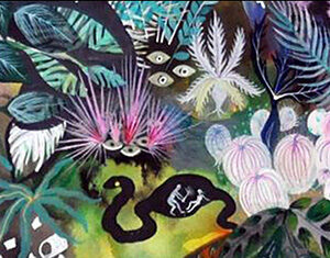 A colorful, abstract jungle scene features a black snake with white markings, surrounded by large leaves, flowers, and plant shapes, with several surreal eye designs integrated into the foliage.