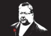 Stylized black-and-white illustration of a man in a pinstripe suit with glasses, featuring a single red rose on his lapel. The background is solid black, and the image has a high-contrast effect.