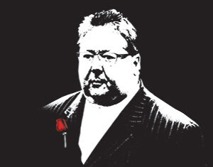 Stylized black-and-white illustration of a man in a pinstripe suit with glasses, featuring a single red rose on his lapel. The background is solid black, and the image has a high-contrast effect.