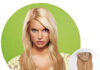A woman with long, straight blonde hair stands against a green background, wearing a light yellow top. An inset shows a blonde hair extension with clips.