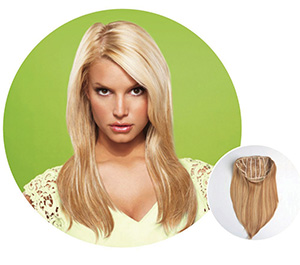 A woman with long, straight blonde hair stands against a green background, wearing a light yellow top. An inset shows a blonde hair extension with clips.