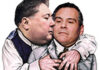 A digitally altered image of two men in suits, with one man embracing the other from behind. Both have serious expressions and their faces are unusually enlarged compared to their bodies.