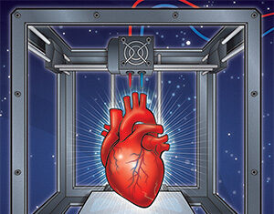 A realistic human heart is being created inside a 3D printer, with bright light rays highlighting the heart, set against a starry, blue background.