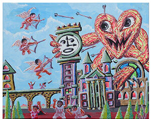 Cartoonish, winged cupids shoot arrows at a city. A giant, red, monstrous heart towers over colorful buildings, one hand gripping a clock tower. Frightened people run below under a bright blue sky with clouds.