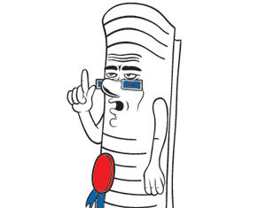 A cartoon scroll with a red and blue seal, wearing glasses, raising one finger and looking serious, as if giving advice or making an important point.