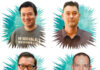 Four men are shown in individual portraits, each smiling or posing in front of a teal starburst background. They are wearing casual shirts and each image is framed with jagged edges.