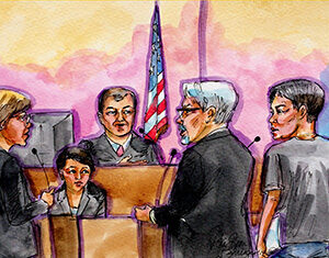 A colorful courtroom sketch shows two lawyers and a defendant standing before a judge and a court reporter, with an American flag in the background. The scene is lively and expressive.