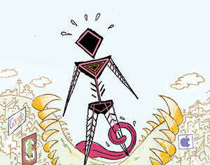 Abstract figure stands on a pink tongue between large open jaws, with stylized cityscape in the background showing signs for Google, Apple, and Oracle. The scene is colorful and surreal.