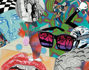 A vibrant collage featuring large red lips, sunglasses with palm reflection, a blue face, checkerboard patterns, a light bulb, an ink bottle, a helmet, swirling colors, and abstract shapes overlapping each other.
