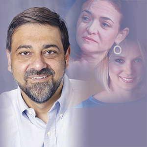 A man with a beard and collared shirt smiles in the foreground, with two women’s faces, softly blended and partially transparent, appearing in the background against a purple gradient backdrop.