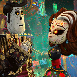 Two animated characters with Day of the Dead face paint and colorful clothing hold hands and smile at each other in a festive, vibrant setting with papel picado banners and confetti in the background.