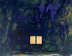 Abstract artwork featuring a dark, starry background with shades of blue, green, and purple. Two beige rectangular tiles sit side by side at the center of a faint circular outline, with white and yellow splatters below.