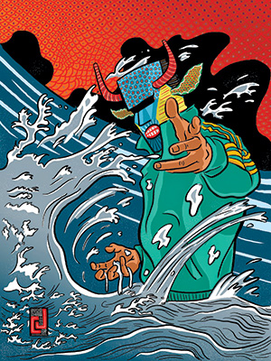A stylized, colorful illustration of a person in a teal tracksuit with a horned mask, standing amid swirling water waves and pointing forward, with a bold red and orange patterned sky in the background.