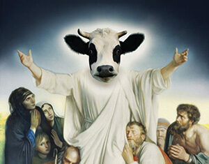 A classical-style painting of a robed figure with a cows head, surrounded by people. A gold ribbon below reads, WHATS THE BEEF? A DEFENSE OF ETHICAL MEAT PRODUCTION.