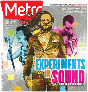 Cover of Metro magazine featuring a collage of jazz musicians performing, with bold text reading “EXPERIMENTS IN SOUND” and “JAZZ HEATS UP WINTER MONTHS.” Bright, colorful background elements and winter event info are also present.