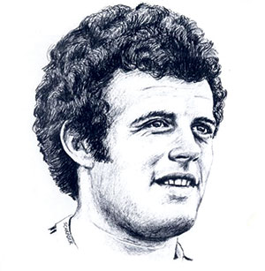 Detailed black and white sketch of a young man with curly hair, defined jawline, and slight smile, facing slightly to the right.