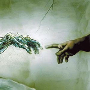 A human hand reaches out toward a robotic, skeletal hand against a muted, greenish background, evoking Michelangelo’s “The Creation of Adam.”.
