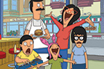 Animated family of five stands in a lively diner. The father holds a burger, the mother has her arms wide and is laughing, two daughters—one with pink bunny ears—and a son have expressive, excited faces.