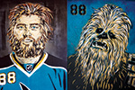 Split image: Left side shows a man with a thick beard and messy hair wearing a teal hockey jersey with number 88. Right side shows Chewbacca, the furry Star Wars character, with a similar pose and background.