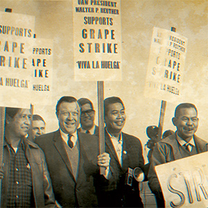 A group of men smile and hold signs reading SUPPORTS GRAPE STRIKE Viva La Huelga! during a protest. One sign mentions UAW President Walter P. Reuther.