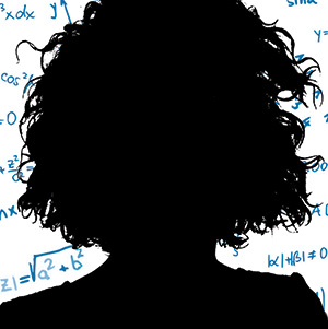 A silhouette of a person with curly hair appears in front of a white background filled with blue mathematical equations and symbols.