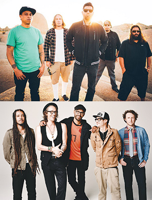 Two group photos of six men each. In the top image, they stand outdoors in casual clothes with sunlight behind them. In the bottom image, they pose indoors wearing varied outfits, from casual jackets to dress shirts and vests.