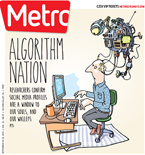A cartoon shows a man using a computer while a floating robot, filled with cameras and gadgets, observes him. The headline reads “ALGORITHM NATION,” discussing social media profiles and privacy.