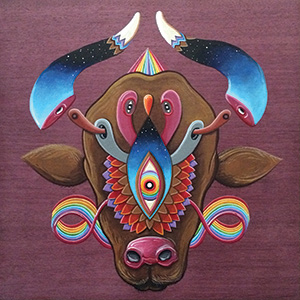 A surreal illustration of a bull’s head with rainbow-colored horns, a central third eye, and geometric patterns. The bulls features are blended with vibrant, abstract shapes on a textured purple background.