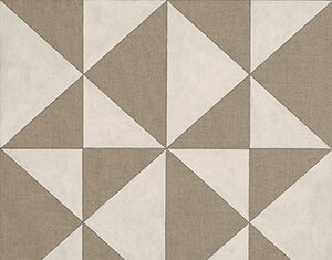 A square tile with a geometric pattern of beige and white triangles, forming a symmetrical design of hourglass and diamond shapes across the tile.
