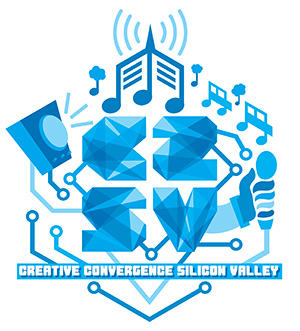 Blue geometric logo with ccsv letters, musical notes, trees, tech icons, and the text Creative Convergence Silicon Valley below. The design highlights a blend of technology, creativity, and community.