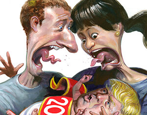 A caricature of two adults with exaggerated facial features yelling at a crying baby wearing a 2015 sash. The adults appear frustrated, and the scene is exaggerated and chaotic.