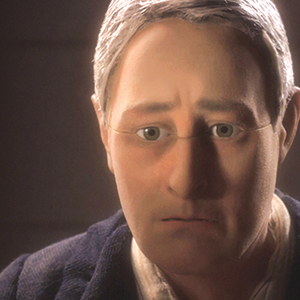 A close-up of a claymation-style character with light skin, gray hair, and a somber expression, looking slightly downward in soft, dim lighting.
