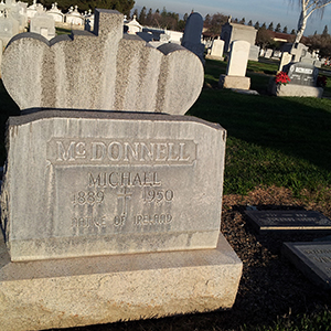 A gravestone in a cemetery reads McDonnell, Michael, 1889–1950, Born in Ireland. Other headstones and flowers are visible in the background on a sunny day.