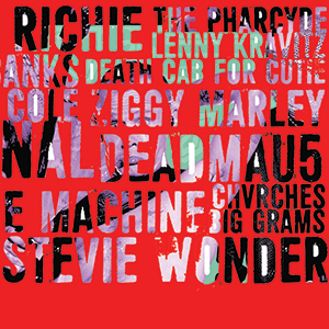 Bold black and white artist names, including Stevie Wonder, Deadmau5, Ziggy Marley, and Death Cab for Cutie, are layered over a bright red background with abstract, colorful shapes.