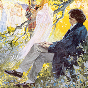 A man in dark clothes sits pensively under a tree, surrounded by colorful foliage. Ethereal, ghostly figures appear to approach him from a glowing, yellow background. The scene feels dreamlike and mystical.