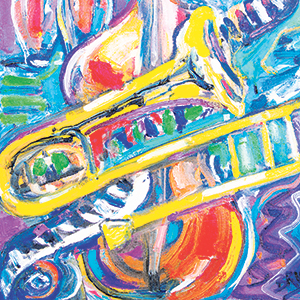 Colorful, abstract painting featuring a yellow trumpet in the center, surrounded by vibrant swirls and shapes in blue, purple, green, red, and white, suggesting a lively musical theme.