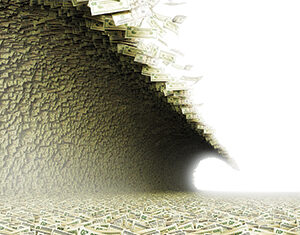 A large wave made entirely of U.S. twenty-dollar bills curls over a ground also covered in twenty-dollar bills, creating the impression of a money tsunami. The background is bright and fades to white.