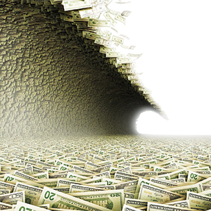A large wave made entirely of U.S. twenty-dollar bills curls over a ground also covered in twenty-dollar bills, creating the impression of a money tsunami. The background is bright and fades to white.