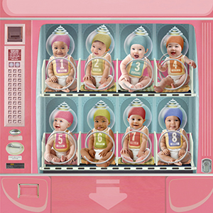 A whimsical illustration of eight babies sitting in a pink vending machine, each baby wearing a colored hat and a numbered bib from 1 to 8, resembling items for selection.