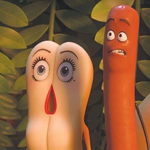 Two animated food characters—a hot dog bun with a surprised expression and a hot dog sausage looking nervous—stand side by side in front of green leaves.