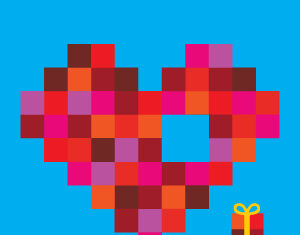 A pixelated heart made of red, pink, and orange squares is shown on a blue background. A hand in the bottom right corner holds a small gift box with a yellow ribbon.