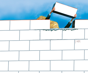 A person with blond hair is seen from behind, raising a white brick to add to a wall made of similar white bricks, with a blue sky in the background.