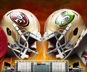 Two football players in gold helmets face each other aggressively. One helmet has a red “SF” logo, the other a green dollar sign. A stadium and dramatic stormy sky with lightning appear in the background.