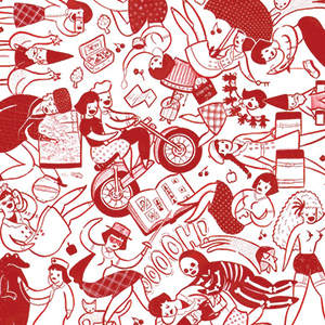 A whimsical red and white illustration featuring various women engaged in activities like reading, riding a motorcycle, dancing, sunbathing, and interacting with skeletons, scattered playfully across the scene.